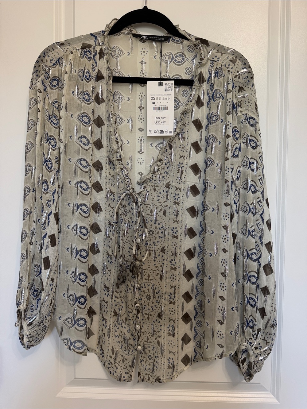NWT Zara Metallic Thread Boho Print Ruffle Blouse XS
